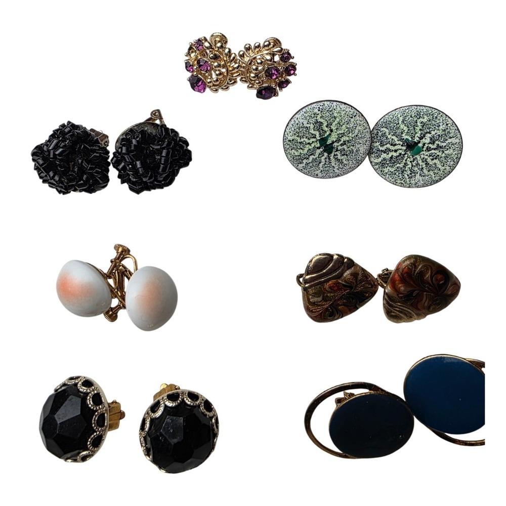 Vintage Clip On Earring Lot 7 Pairs Beaded Enamel Rhinestone Mid‎ Century B3
